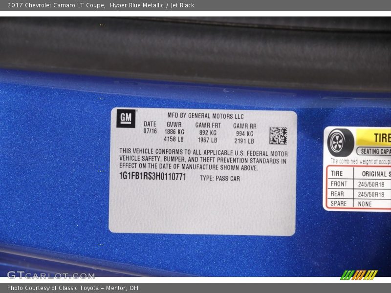 Hyper Blue Metallic / Jet Black 2017 Chevrolet Camaro LT Coupe