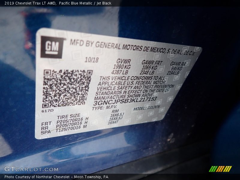 Pacific Blue Metallic / Jet Black 2019 Chevrolet Trax LT AWD