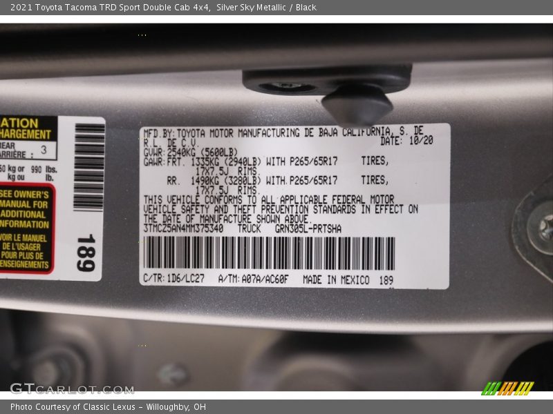 2021 Tacoma TRD Sport Double Cab 4x4 Silver Sky Metallic Color Code 1D6