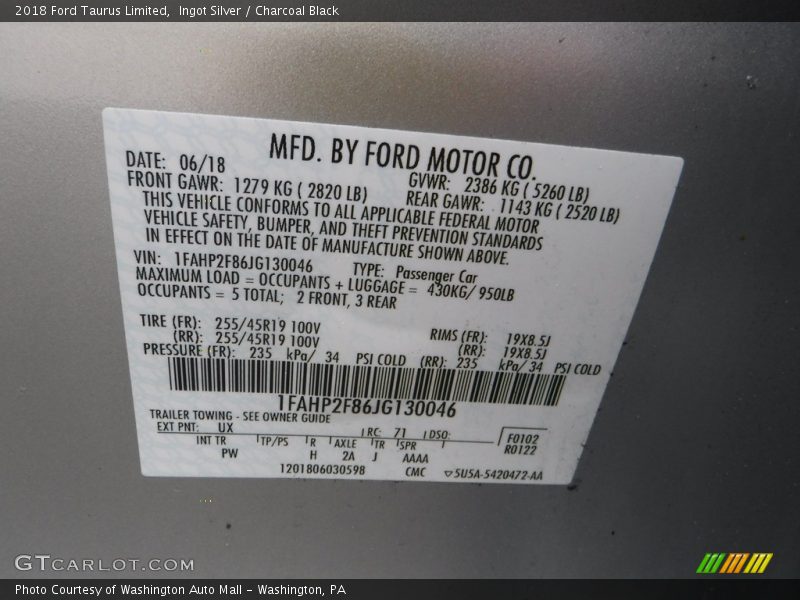 Ingot Silver / Charcoal Black 2018 Ford Taurus Limited