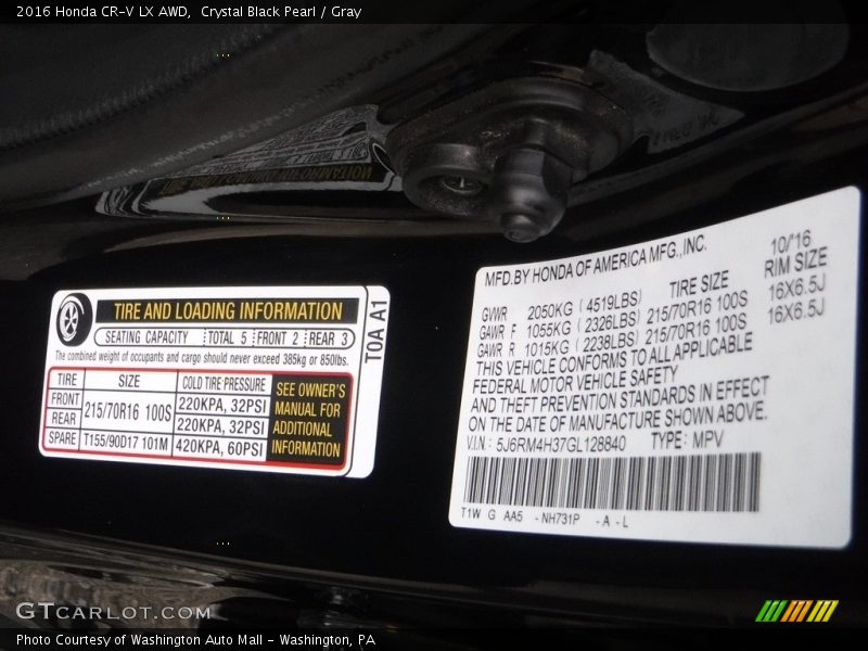 Crystal Black Pearl / Gray 2016 Honda CR-V LX AWD