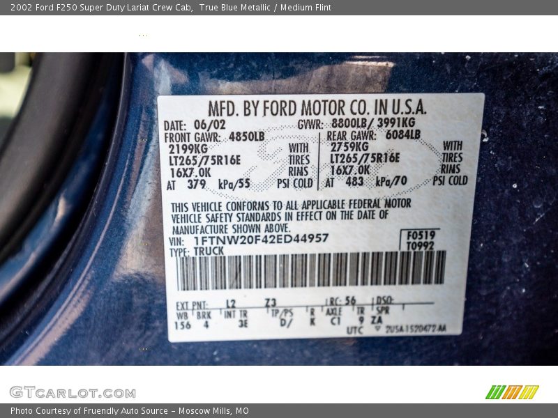 2002 F250 Super Duty Lariat Crew Cab True Blue Metallic Color Code L2