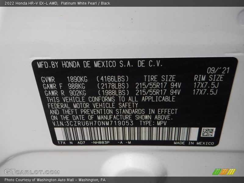 Platinum White Pearl / Black 2022 Honda HR-V EX-L AWD