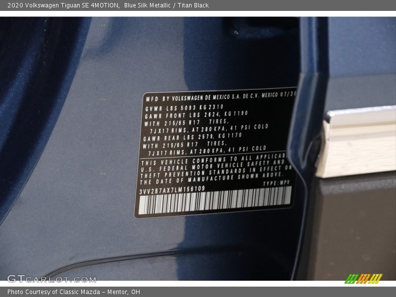 Blue Silk Metallic / Titan Black 2020 Volkswagen Tiguan SE 4MOTION