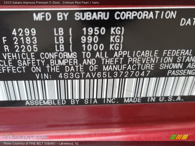 Crimson Red Pearl / Ivory 2020 Subaru Impreza Premium 5-Door
