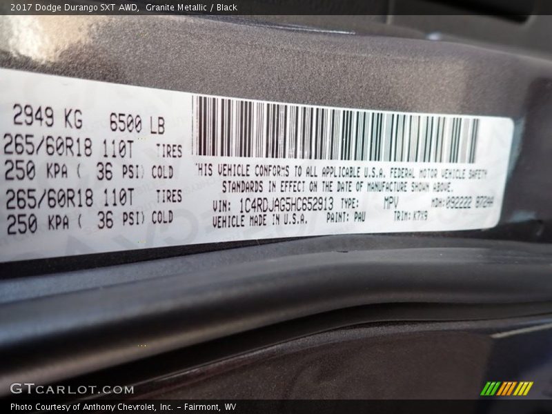 Granite Metallic / Black 2017 Dodge Durango SXT AWD
