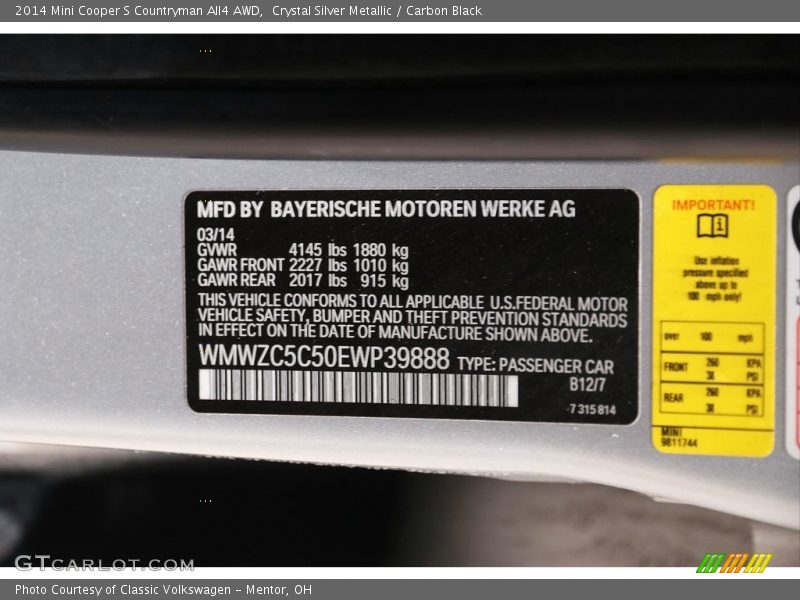 Crystal Silver Metallic / Carbon Black 2014 Mini Cooper S Countryman All4 AWD
