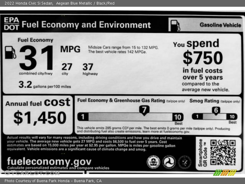 Aegean Blue Metallic / Black/Red 2022 Honda Civic Si Sedan