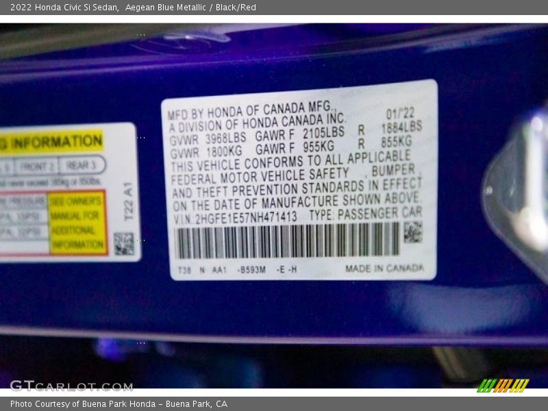 2022 Civic Si Sedan Aegean Blue Metallic Color Code B593M