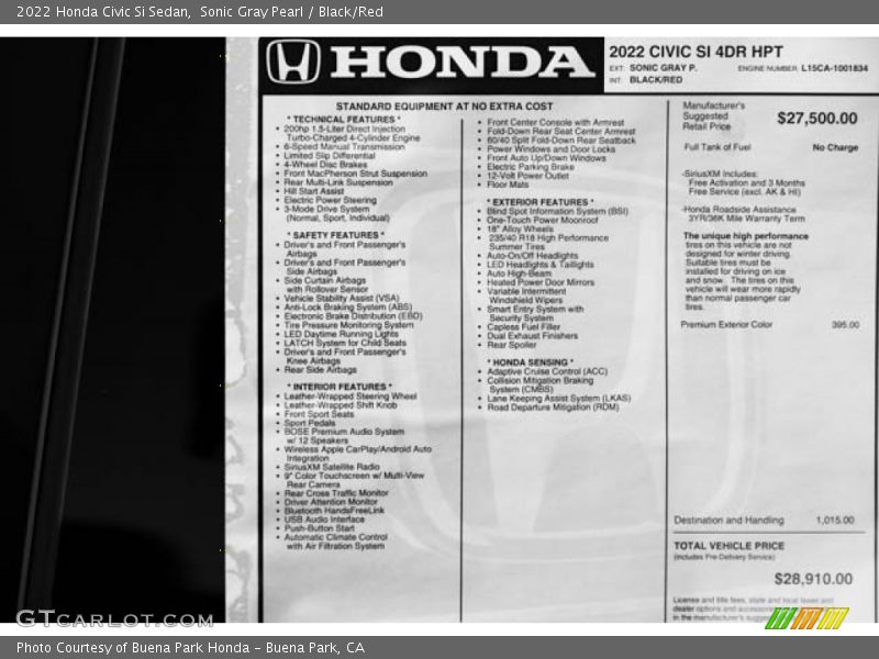 2022 Civic Si Sedan Window Sticker