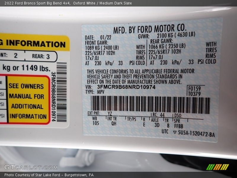 Oxford White / Medium Dark Slate 2022 Ford Bronco Sport Big Bend 4x4