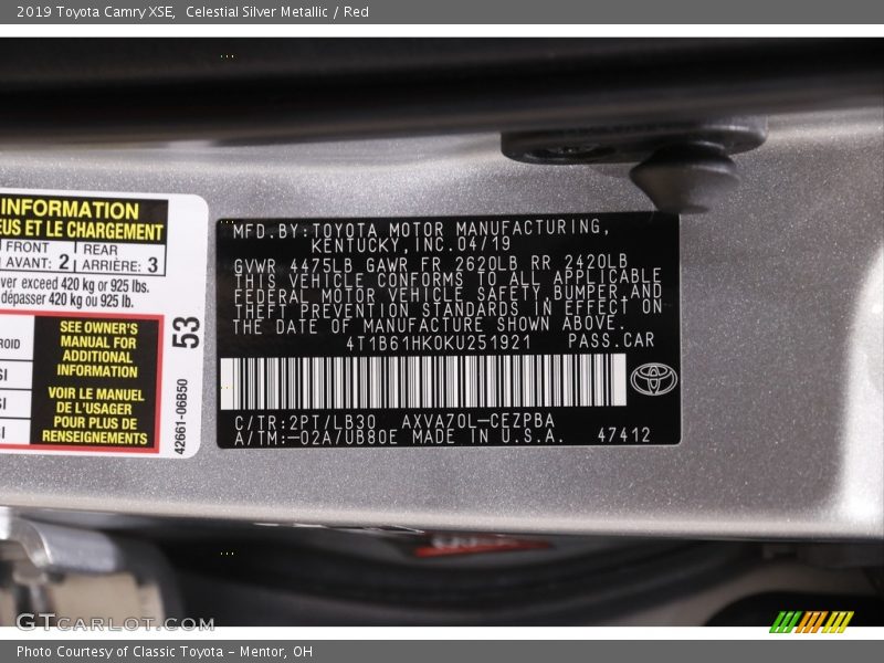 Celestial Silver Metallic / Red 2019 Toyota Camry XSE