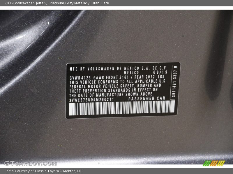 Platinum Gray Metallic / Titan Black 2019 Volkswagen Jetta S