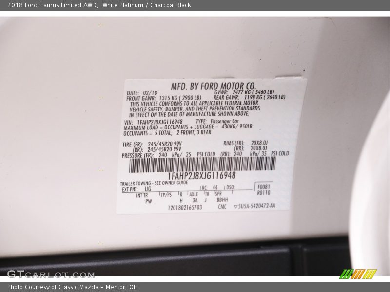 White Platinum / Charcoal Black 2018 Ford Taurus Limited AWD