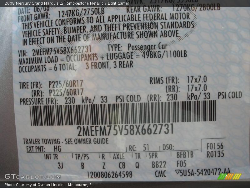 Smokestone Metallic / Light Camel 2008 Mercury Grand Marquis LS