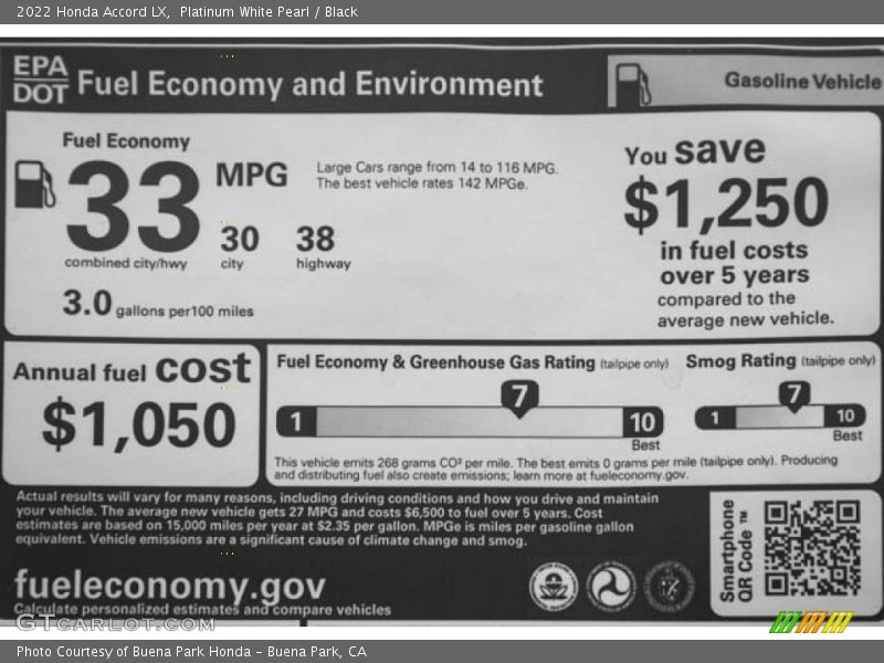 Platinum White Pearl / Black 2022 Honda Accord LX