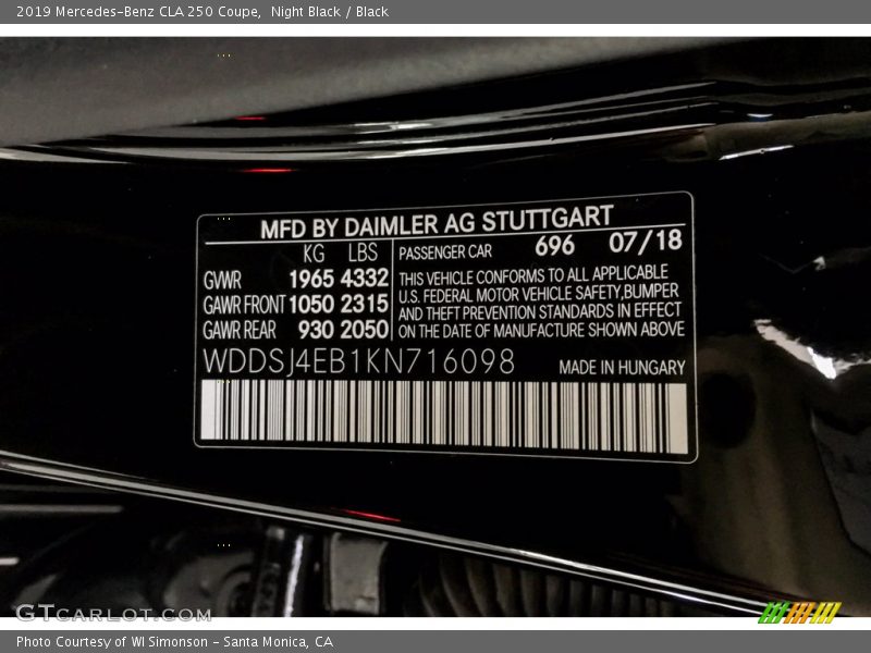 Night Black / Black 2019 Mercedes-Benz CLA 250 Coupe
