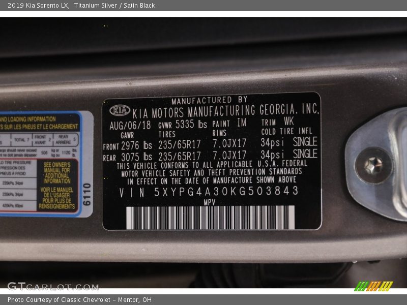 Titanium Silver / Satin Black 2019 Kia Sorento LX