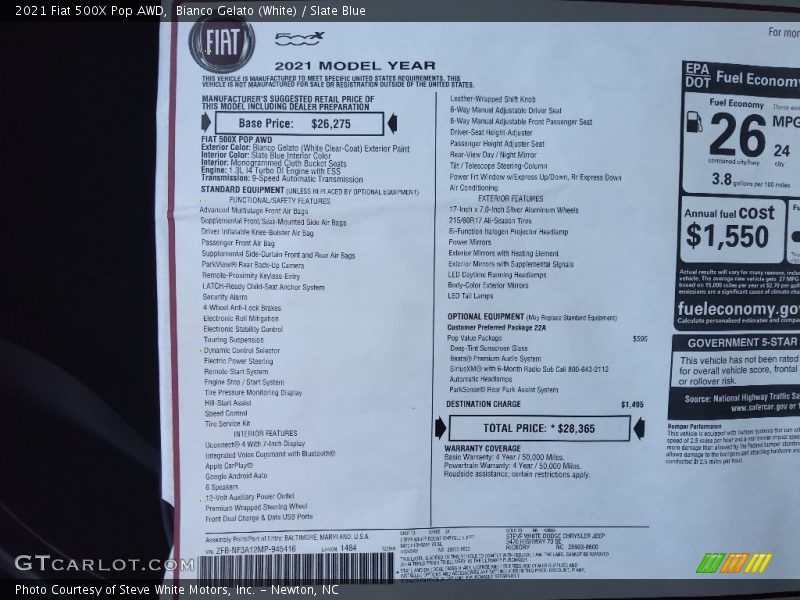  2021 500X Pop AWD Window Sticker