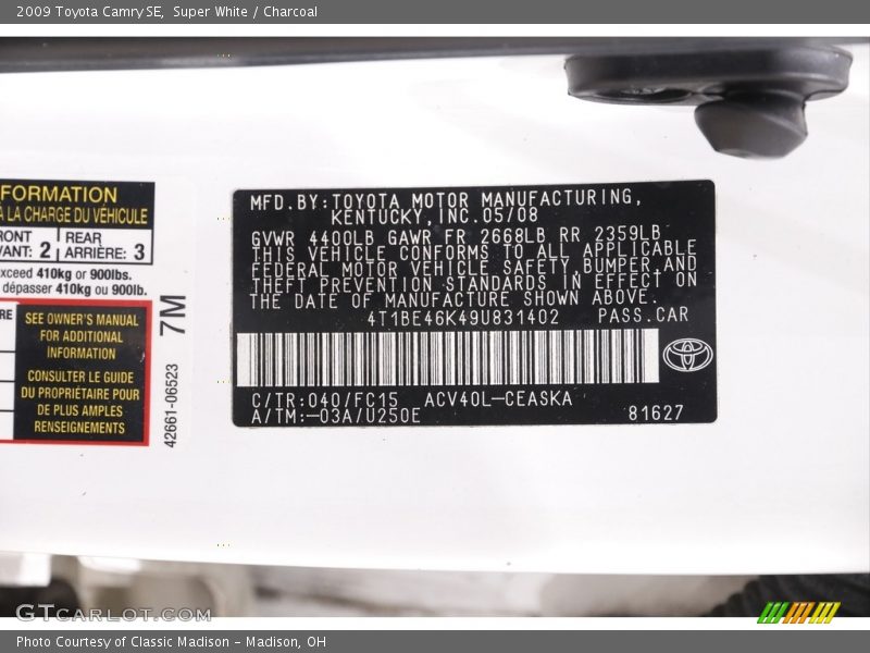 Super White / Charcoal 2009 Toyota Camry SE