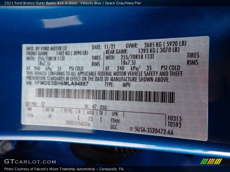 2021 Bronco Outer Banks 4x4 4-Door Velocity Blue Color Code E7