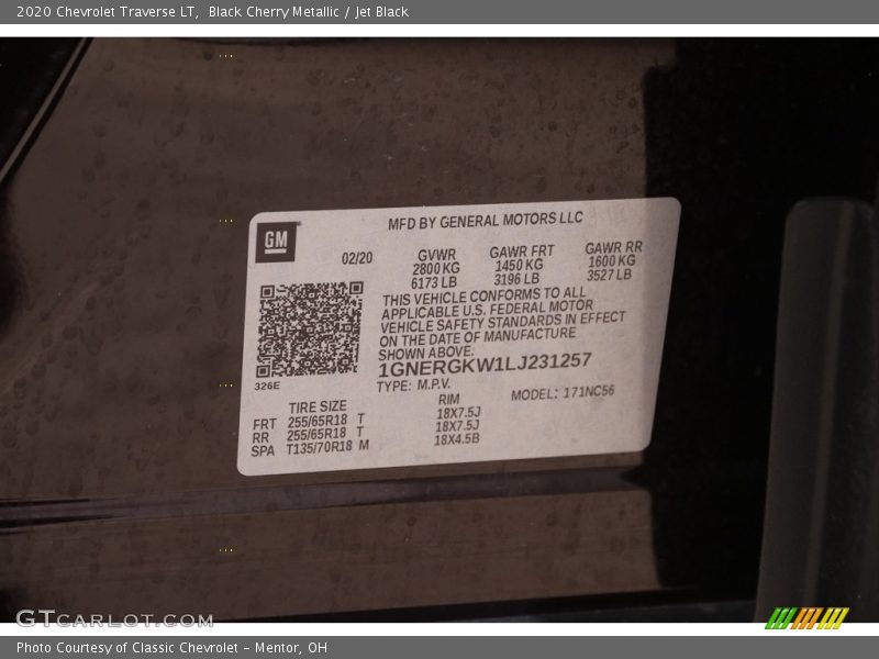 Black Cherry Metallic / Jet Black 2020 Chevrolet Traverse LT