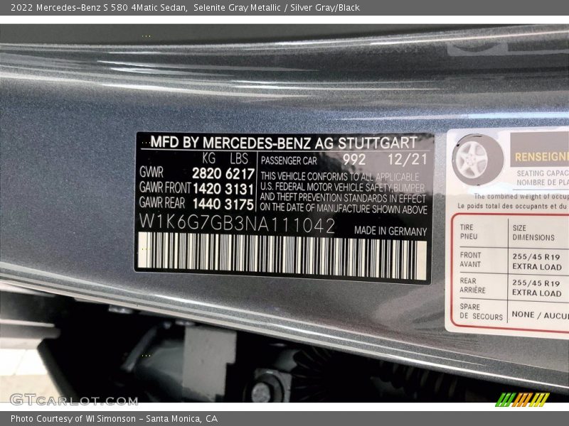 2022 S 580 4Matic Sedan Selenite Gray Metallic Color Code 992