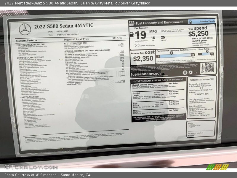  2022 S 580 4Matic Sedan Window Sticker