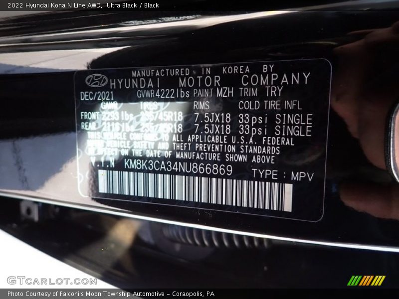 2022 Kona N Line AWD Ultra Black Color Code MZH