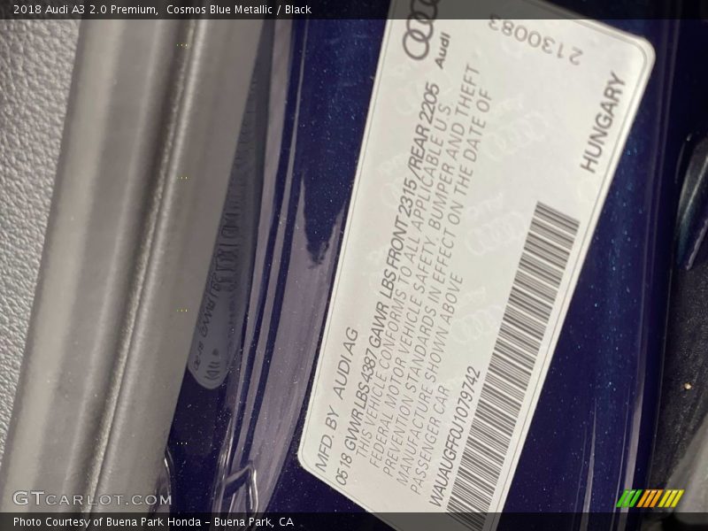 Cosmos Blue Metallic / Black 2018 Audi A3 2.0 Premium