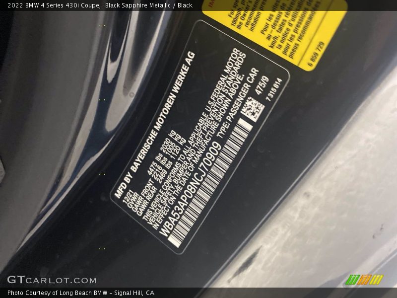 2022 4 Series 430i Coupe Black Sapphire Metallic Color Code 475
