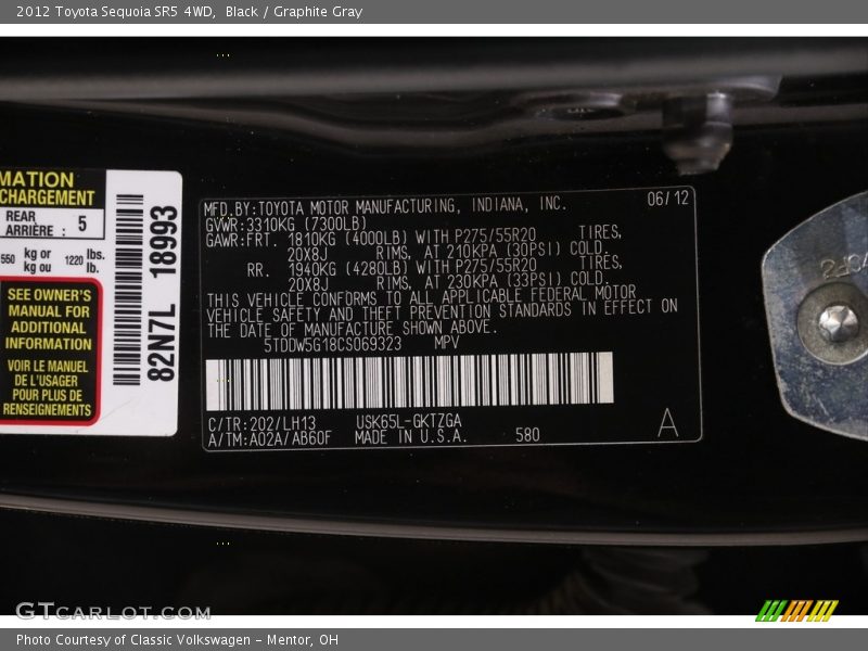 Black / Graphite Gray 2012 Toyota Sequoia SR5 4WD