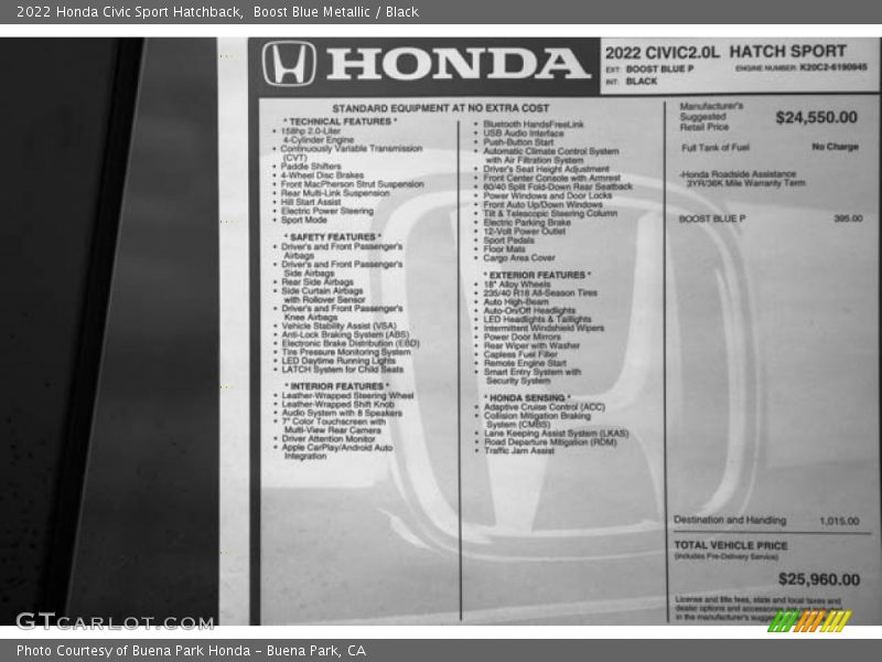  2022 Civic Sport Hatchback Window Sticker