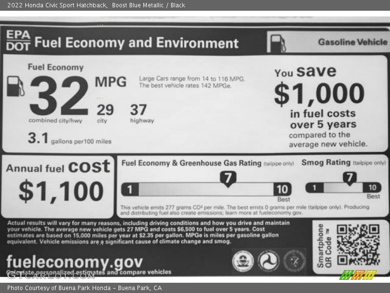 Boost Blue Metallic / Black 2022 Honda Civic Sport Hatchback