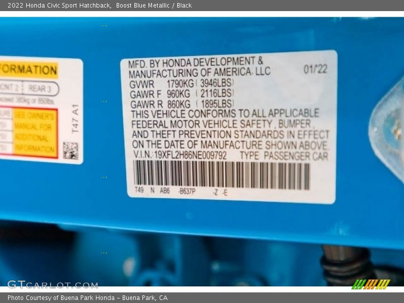 2022 Civic Sport Hatchback Boost Blue Metallic Color Code B637P
