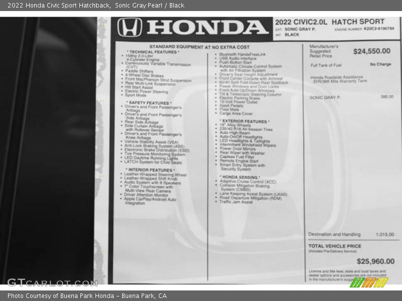 Sonic Gray Pearl / Black 2022 Honda Civic Sport Hatchback