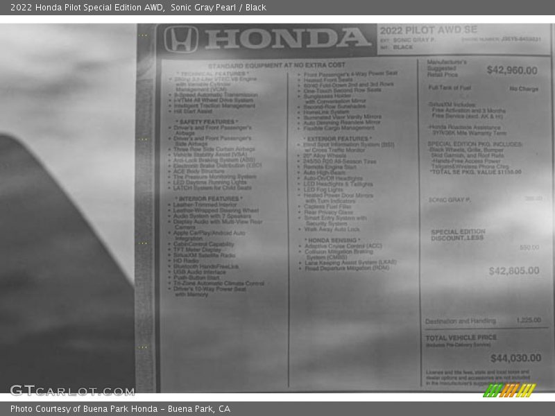  2022 Pilot Special Edition AWD Window Sticker