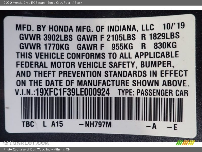 Sonic Gray Pearl / Black 2020 Honda Civic EX Sedan