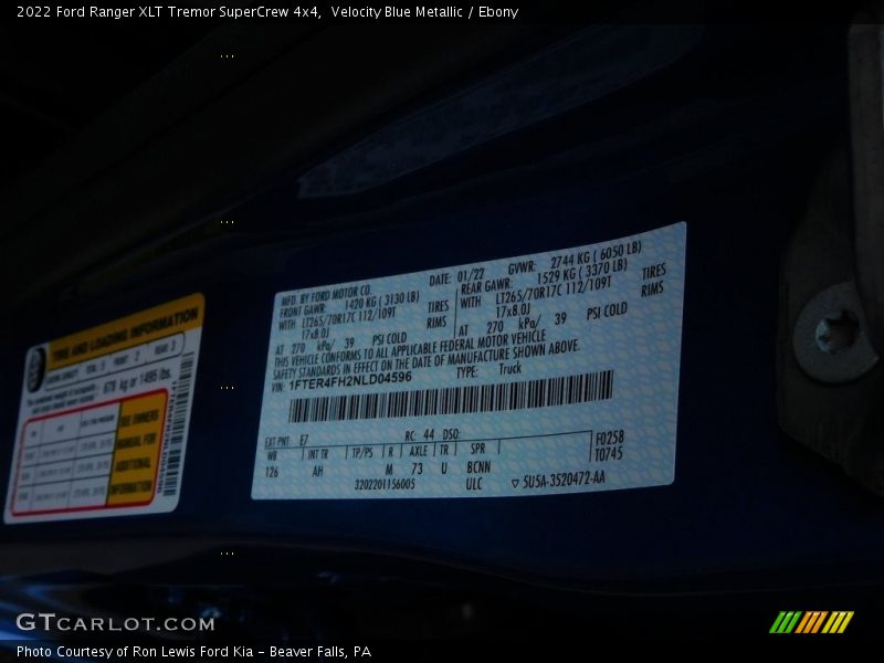 2022 Ranger XLT Tremor SuperCrew 4x4 Velocity Blue Metallic Color Code E7