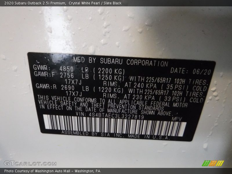 Crystal White Pearl / Slate Black 2020 Subaru Outback 2.5i Premium