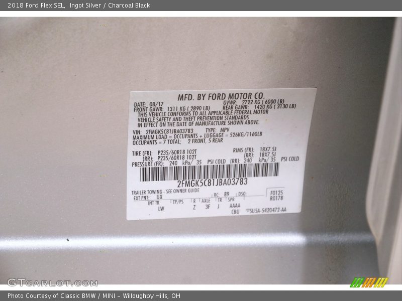 Ingot Silver / Charcoal Black 2018 Ford Flex SEL