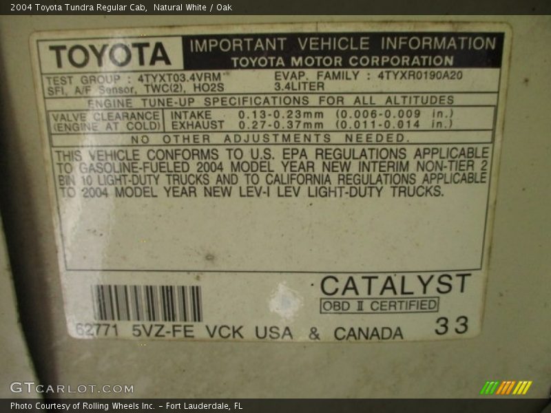 Info Tag of 2004 Tundra Regular Cab