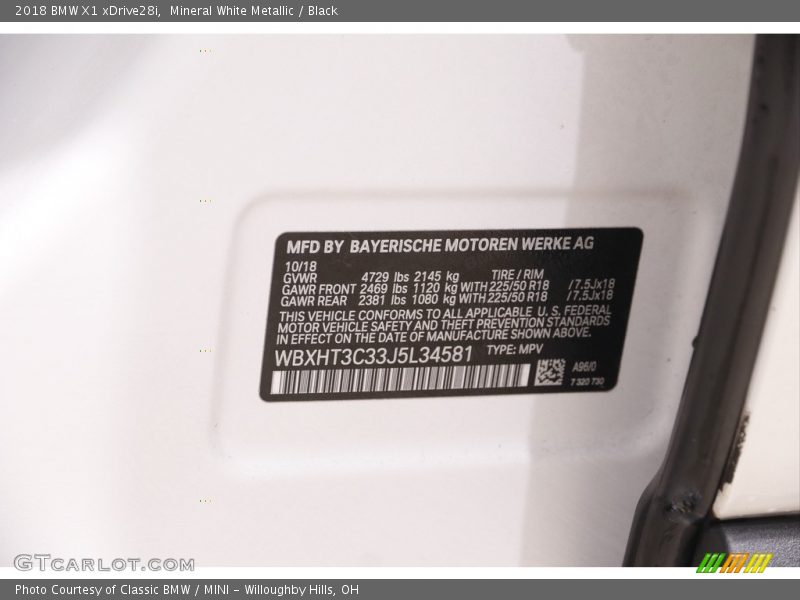 Mineral White Metallic / Black 2018 BMW X1 xDrive28i