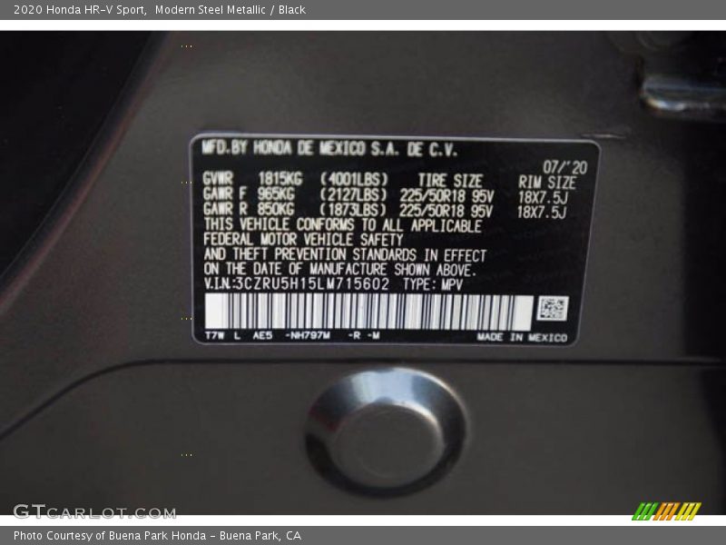2020 HR-V Sport Modern Steel Metallic Color Code NH797M