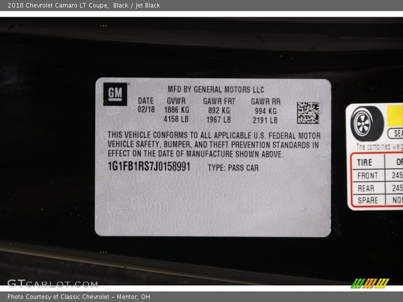 Black / Jet Black 2018 Chevrolet Camaro LT Coupe