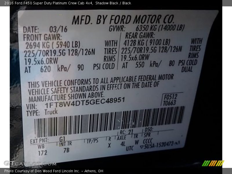 2016 F450 Super Duty Platinum Crew Cab 4x4 Shadow Black Color Code G1