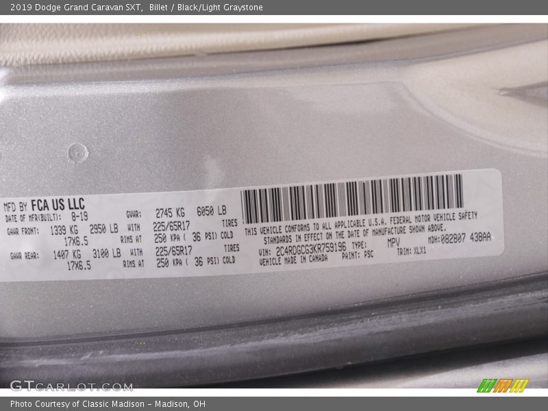 Billet / Black/Light Graystone 2019 Dodge Grand Caravan SXT