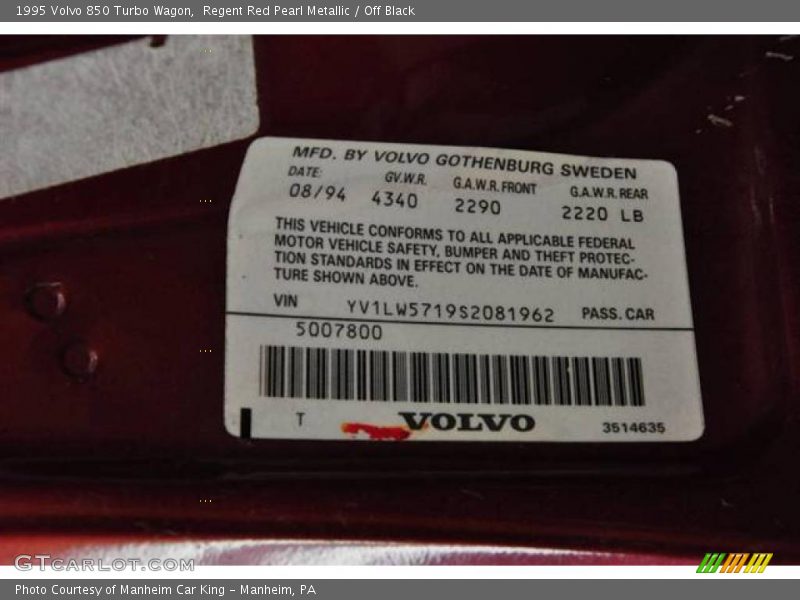 Regent Red Pearl Metallic / Off Black 1995 Volvo 850 Turbo Wagon