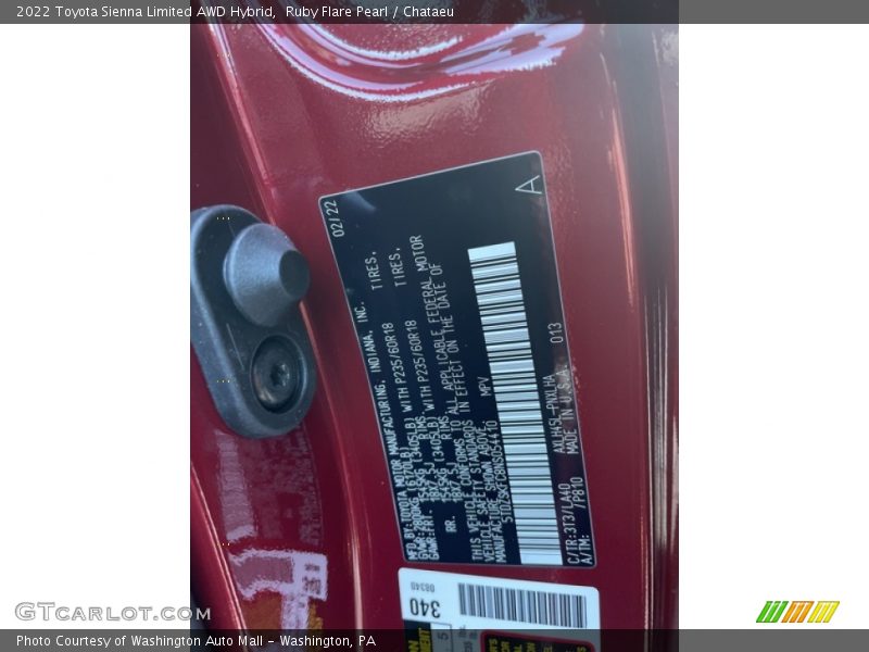 2022 Sienna Limited AWD Hybrid Ruby Flare Pearl Color Code 3T3