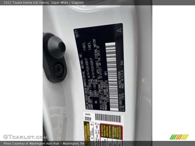 Super White / Graphite 2022 Toyota Sienna XLE Hybrid